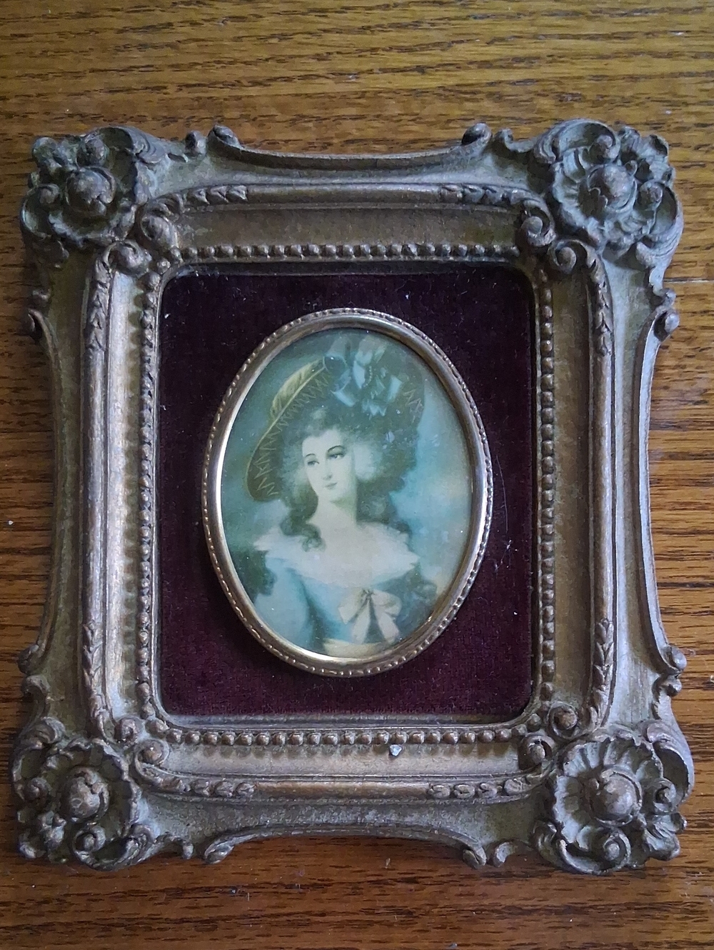 Ornate Gold-Tone Victorian Portrait Frame with Blue-Green Miniature